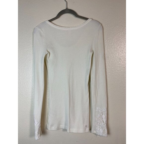 Free People Heart on Sleeve Thermal Knit Top Sz Medium Cream Lace Beaded Floral - Picture 2 of 16
